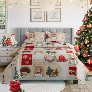 Christmas Quilt Set King Size 3-Piece Xmas Bedspread Reversible Coverlet Snow... - Picture 1 of 6