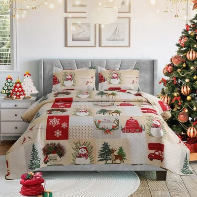 Christmas Quilt Set King Size 3-Piece Xmas Bedspread Reversible Coverlet Snow... - Image 1 of 4