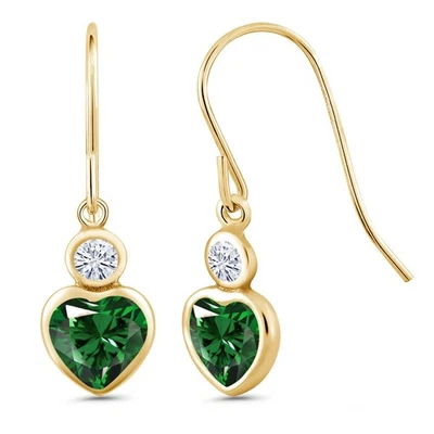 14K Yellow Gold Dangle Earrings Heart Shape Nano Emerald Moissanite (1.20 Cttw) - Image 1 of 3