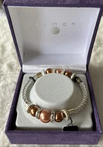 ROMAN Modern Twisted Stainless & Copper Beads Stretch Bracelet - Picture 1 of 2
