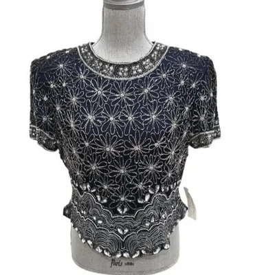 Blusa de festa Adriana Papell Occasions feminina azul marinho com miçangas de seda 12P - Imagem 1 de 4