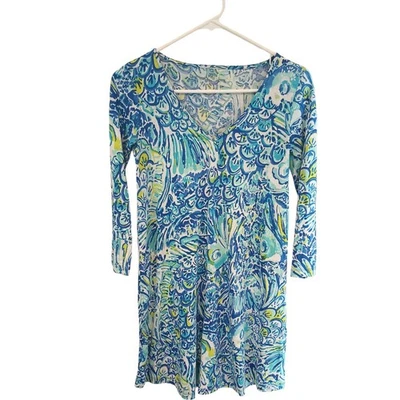 Lilly Pulitzer Erin 连衣裙 "Blue Crush After Party" 棉针织蓝色 充满活力的 XXS — 第 1/4 张图片