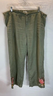 Pantalones rectos Johnny Was de lino verde talla XL florales bordados ligeros Foto 1 de 4