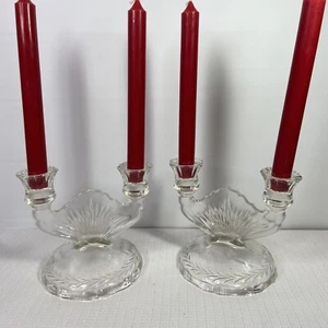 Vintage Jeannette Glass Pair Sunburst Herringbone Etched Double Candle Holder - Picture 1 of 10