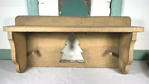 Vintage Primitive Shelf w/ Tree Cut Out & Wood Peg Hooks ~ Faded Mustard Color - Picture 1 of 12