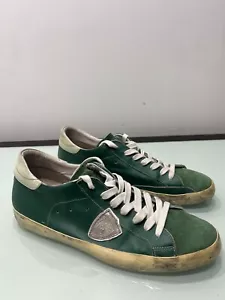 Philippe Model Grey Suede Low Top Sneakers Green Leather 46 Eu Or 12 US - Picture 1 of 24