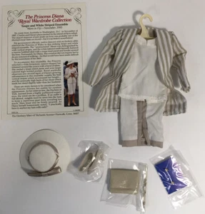 Princess Diana Dress Taupe White Striped Ensemble 1985 Royal Wardrobe Hat Clutch - Picture 1 of 7