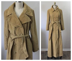 VTG 60's 70's Hippie Boho Velvet Textured Full Length Maxi Belted Trench Coat - Picture 1 of 12