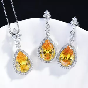 2pc Summer Party Jewelry Set Yellow Citrine Gems Silver Women Necklace Earrings - Picture 1 of 10