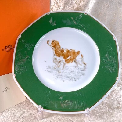 Plato de cena Hermes Paris Cocker Spaniel perro vajilla de porcelana verde con caja Foto 1 de 4