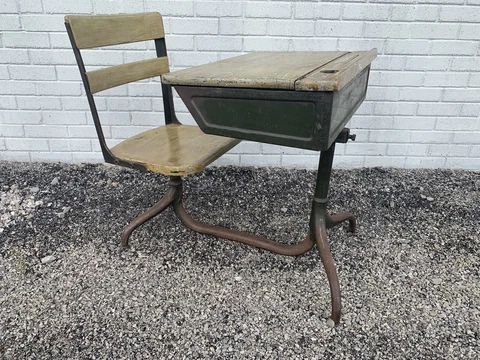Antique Wood Cast Iron SCHOOL DESK & SWIVEL CHAIR w Storage Cover