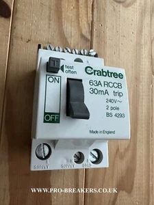 CRABTREE 63 AMP 30mA DOBLE POLO RCCB RCD - Imagen 1 de 6
