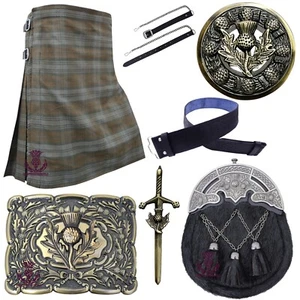 Traditional Scottish Weathered Black Watch Kilt Outfit Set For Men Thistle Crest - Picture 1 of 3
