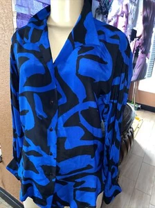 MATTHEW LOMBARDI FOR BANCO BLUE BLACK GEOMETRIC PRINT SILK BLOUSE SZ PM bgb - Picture 1 of 8