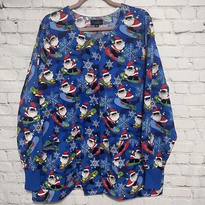 Peaches Scrub Jacket Button Front Bright Santa Snowboard  Snowflake Size 2XL - Image 1 of 4