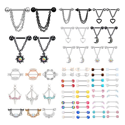 PAIR 14G Dangle Chain Nipple Ring 316L Steel Straight Barbell Nipple Tongue Ring - Image 1 of 4