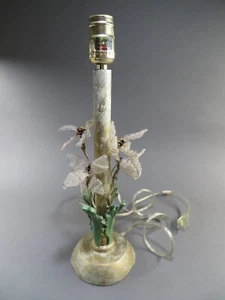 Tole Table Lamp with Beaded Flowers Resin Leaves Antique Shabby 16" Tall - Picture 1 of 11