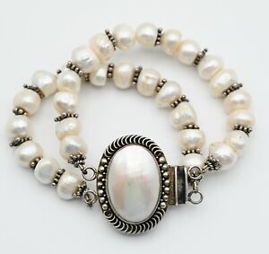 Fine White 2 Strand Baroque Pearl Sterling Silver Mop Oval Clasp 7 1/4" Bracelet