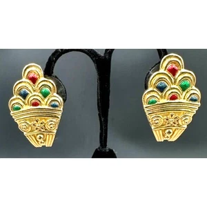Christian Dior Earrings Jewel Enameled Etruscan Style Gold Tone Clip  READ - Picture 1 of 5
