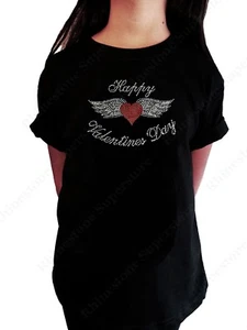 Girls Rhinestone T-Shirt " Happy Valentines Day Heart w/ Wings " in Size 3 to 14 - Picture 1 of 2