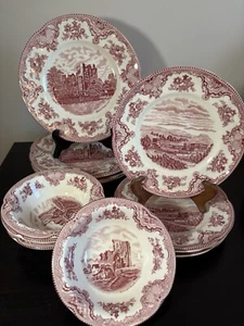 Johnson Brothers 12 piece dinnerware set plates bowls Red Pink Transfer Ware EUC - Picture 1 of 5