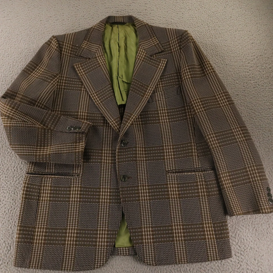 VTG Prince of Wales Check Jacket M Polyester Wool Blazer Double Knit 70s USA 42R - Image 1 of 4