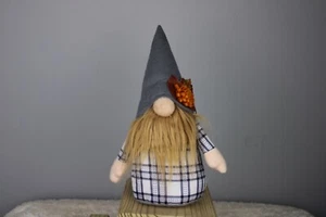 Perfect Harvest Plush Gnome Sitter Decor Plaid Outfit Gray Hat Leaf 11" *READ - Picture 1 of 10