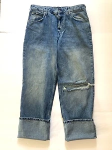 Asos Jeans Baggy Turned Up Cuff 30x32 Womens Medium Wash Straight Distressed - Picture 1 of 7