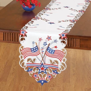 Embroidered Patriotic American Flag & Stars 4th of July Polyester Table Runner - Picture 1 of 3