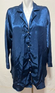 Victoria's Secret Women Medium Large Blue Satin Shirt Dress Nighty Sheepskin VTG - Picture 1 of 6