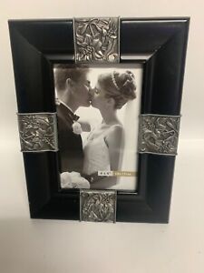 Black Wood Photo Frame Pewter Inserts of Lilies 8.5" x 6.5" Holds Photo 4" x 6"