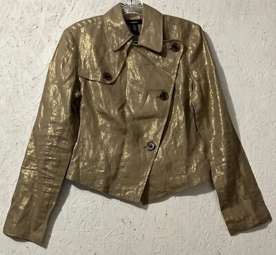 Chaqueta Blazer Para Mujer ALFANI 100% Lino Beige Metálico Dorado Talla 2 Foto 1 de 4