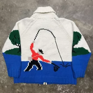 Vintage 50s 60s Fishing Cowichan Sweater Zip Up Wool Knitted Cardigan Sz S / M - Picture 1 of 7