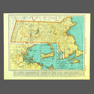 Vintage Map of MASSACHUSETTS Wall Art Original Antique Boston Worcester - Image 1 of 4