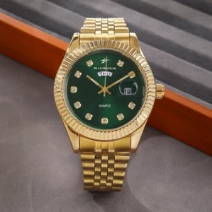 RICECGO Men's Quartz Luxury Date Watch Gold Stainless Steel Business Casual NEW - Picture 1 of 7