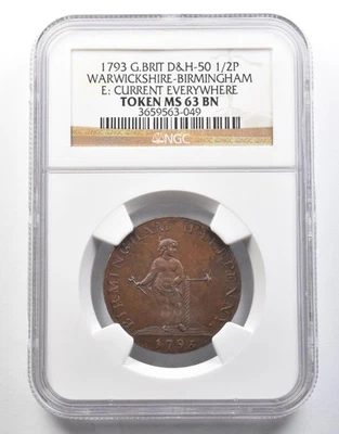 1793 Great Britain 1/2 Penny Warwickshire-Birmingham Token MS63 BN NGC *4025 - Image 1 of 3