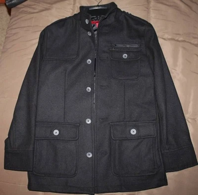 Alfani RED Fitted Coat Jacket Men’s S Black Button Front Wool Blend Military - Image 1 of 3