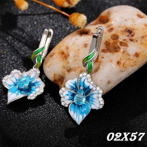 Blumen-Ohrringe Blau AAA Zirkon für Damen White Gold lange Ohrringe für Frauen m - Bild 1 von 11