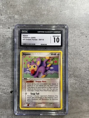 Pokemon Card Aipom CGC 10 Gem Mint, EX Unseen Forces 34/115, 2005 (1) - Image 1 of 4