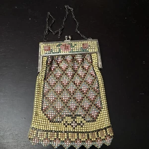 ANTIQUE MESH HAND BAG PURSE ENAMEL INLAY WHITING & DAVIS ART DECO - Picture 1 of 17