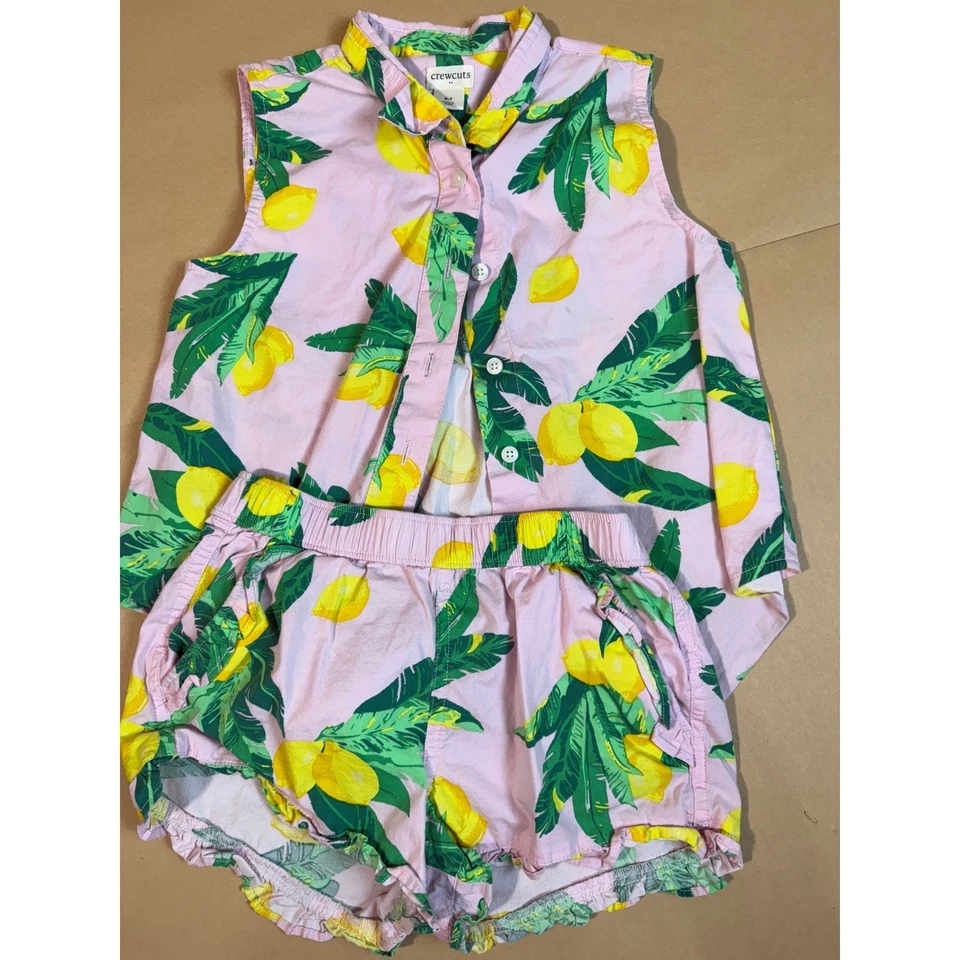 Girl's Crewcuts Pink with Lemons Button collared top & pull on shorts 2piece set - Image 1 of 1