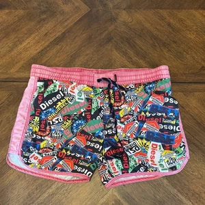 Diesel Graphic Print Swim Trunks Pink Trim Drawstring Waist - Picture 1 of 6