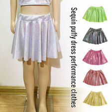 Women Girl Shiny Metallic Pleated Skirt Elastic Waist Dance Skater Tutu Skirt