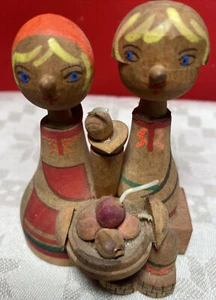 Vintage European Folk Art Wooden Hand Carved Painted Figurine Boy & Girl Unique - Picture 1 of 6