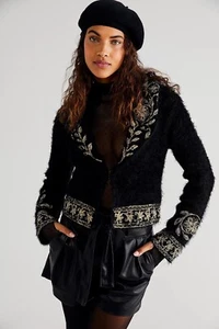 Free People Merrie Cardigan Cropped Fuzzy Black Size Large NEW RRP $268 - Picture 1 of 11