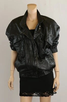 George Kiss Ent. Chaqueta de moto de cuero negra vintage años 80 by Maryse Roye talla M Foto 1 de 4