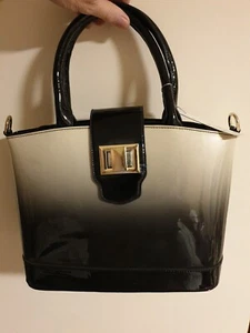 Red Fox Grey & Black Patent Top Handle Large Handbag Tote Bag - Picture 1 of 17
