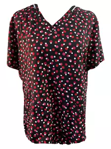 Scrub Top Elle Women's Size Medium V-Neck Black W/ Red White Dots Bust 43" - Picture 1 of 10