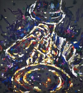 "Saxophonistische Kunst Original Öl Pastell Gemälde Jazzmusik Kunstwerk 12,5""x12" - Bild 1 von 5