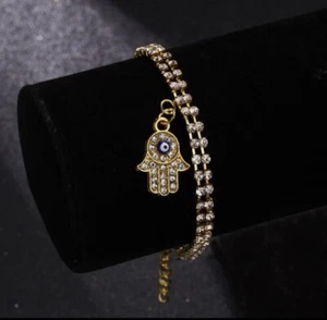 Gold Evil eye Hamsa hand Charm Bracelet Rhinestone Chain Jewelry For Protection - Picture 1 of 6